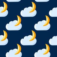 Seamless pattern with moon and cloud weather icon on a dark blue background in cartoon style. Perfect for wallpaper, textile, wrapping paper, weather forecast design and nature theme. vector