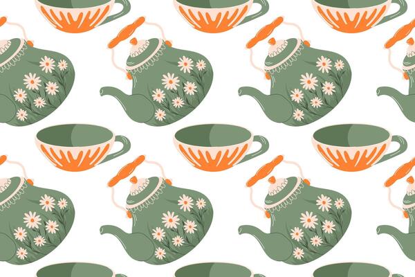 Vintage tea porcelain kettle and cup seamless pattern in flat style. Background with teapot for kitchen wallpaper, cafe breakfast menu, surface texture.