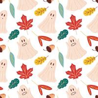 Cute autumn seamless pattern with ghost, leaves and acorn in flat style. Perfect for Halloween seasonal decoration, textile, wrapping paper and spooky fall design for kids. vector
