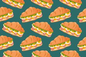 Croissant sandwich seamless pattern with lettuce, egg, cheese and salami in flat style. Design background for bakery, breakfast and brunch cafe wallpaper. vector