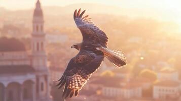 A hawk flying over a city with a church in the background photo