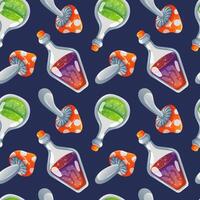 Seamless pattern with potion bottle and red fly agaric mushroom in cartoon style on blue background. Perfect for magical theme, Halloween packaging and enchanted design. vector