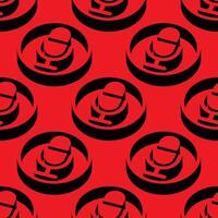 Isometric seamless pattern of microphone symbols in circles, with bold shadows and vibrant red background. Modern negative space design, perfect for audio, podcast, and media themes. vector
