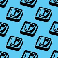 Isometric seamless pattern of shield symbols in 3D square tiles, with deep shadows and bright cyan background. A strong visual for themes of protection, security, and defense. vector