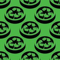 Seamless isometric pattern of recycling arrows inside circular 3D shapes on a green background. Minimalist eco-themed design with bold black shadowed symbols and negative space. vector