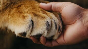 scratches lion. caucasian claws hand holding human lion paw photo