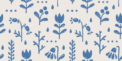 Vintage floral seamless pattern in scandinavian style. Retro seamless pattern with grunge flowers and berries. vector