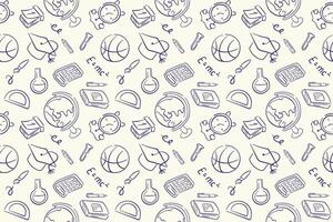 School seamless pattern in doodle style on a beige background. Back to school design supplies notebook, globe, calculator, calendar, basketball ball, alarm. vector