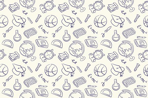 School seamless pattern in doodle style on a beige background. Back to school design supplies notebook, globe, calculator, calendar, basketball ball, alarm.