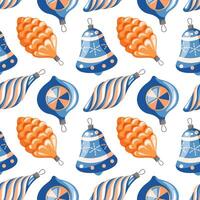 Christmas tree toys seamless pattern in cartoon style. New Year glass balls in shape of pine cone, bell. Festive xmas print on a white background. vector