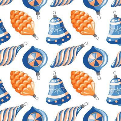 Christmas tree toys seamless pattern in cartoon style. New Year glass balls in shape of pine cone, bell. Festive xmas print on a white background.