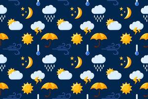Seamless pattern with weather icon on dark blue background in cartoon style. Sun, clouds, rain, raindrops, umbrella, wind design for cloth, wallpaper, package. vector