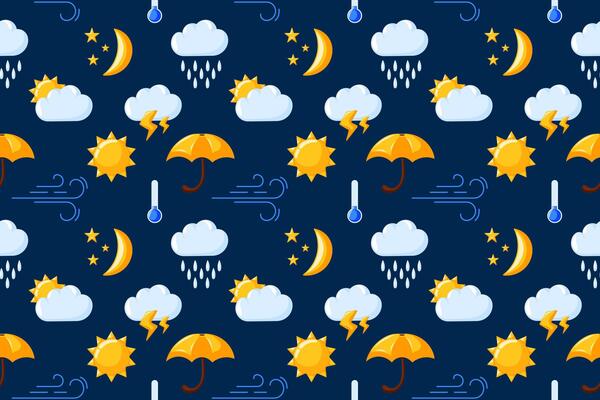 Seamless pattern with weather icon on dark blue background in cartoon style. Sun, clouds, rain, raindrops, umbrella, wind design for cloth, wallpaper, package.