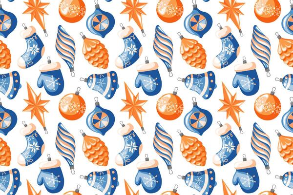 Seamless pattern with Christmas tree decorations in shape mitten, pine cone, star, bell. Vintage carton style holiday ornament on white background.