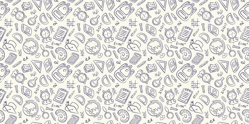 Back to school background in doodle style. Education, science concept seamless pattern with school supplies notebook, globe, calculator, calendar, brush, backpack.