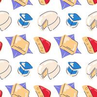 Seamless pattern of cheese pieces with holes, yogurt and butter in flat style. Wallpaper of grocery dairy product on a white background. vector