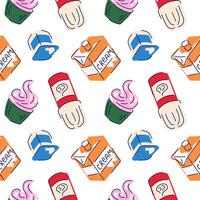 Seamless pattern with milk whipped cream, yogurt, cupcake in flat style. Design for textile, wallpaper and grocery store. vector