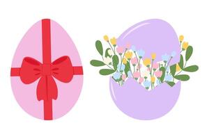 Egg with Tied Bow and Floral bouquet in Cracked Eggshell Easter or Spring greeting design elements. Isolated illustration Easter Greeting or Spring Thematic Cards, posting or banners, leaflets vector