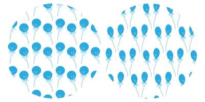 Circular and Deflated Blue Balloons with tied ribbon bow Seamless Pattern on Circle Backgrounds Set. Monochrome Isolated Illustration Festive backdrop design Greeting Thematic Cards, leaflets vector
