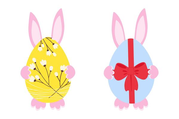Bunny behind Easter Egg Decorated Flower twigs and red bow ribbon Easter Greeting Design element Set. Isolated illustration Easter Thematic Cards, poster, price tag, labels or banner, leaflets