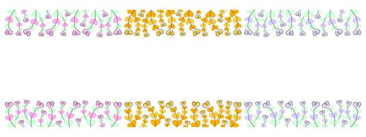 Colorful Heart shape flower twigs Top and Bottom Frame Spring Celebration Copy space Template Bundle. Isolated Illustrations Creating Springtime Festive Greeting cards like Easter, Mothers Day vector