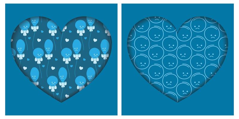 Blue Balloons on rope with decorative hearts and Sad Emoticons Pattern Under Heart Shape Paper cut. Isolated illustration Blue Monday Greeting Motivation Cards or Thematic Party Invite, leaflet