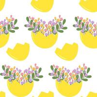 Springtime composition in Colorful Cracked Eggshell Seamless Pattern Spring Greeting or Easter fond. Isolated illustration Thematic Cards Background Posting or promo banner, leaflet, price tag vector