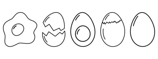Minimalist Egg Icons Fried Egg, Cracked Eggshell, Boiled and Partially Purified and Whole Egg Bundle. Isolated Illustration Culinary Food poster or posting tag Menu Recipe Card Price tag, label vector