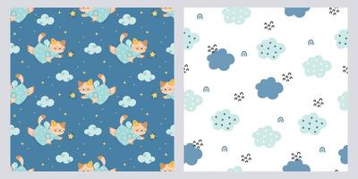 Cute pattern collection with magic cat and clouds vector