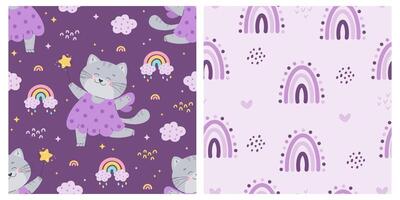 Pattern collection with magic cat and rainbows vector