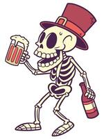 A cartoon skeleton, positioned in the center of the image, is depicted in a stylized, slightly exaggerated pose vector