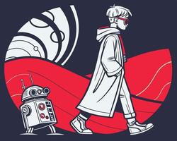 Retro Futuristic Illustration of a Kid and Robot Companion in Stylized Artwork vector