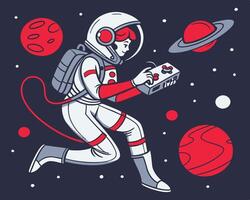 Astronaut Exploring Space Holding a Game Controller, Surrounded by Colorful Planets vector