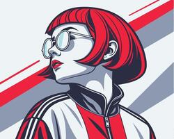 Stylized Portrait of a Woman in Red and White Jacket and Sunglasses vector