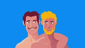 Blonde and brunette shirtless men hugging sweetly with cheerful loving expressions video