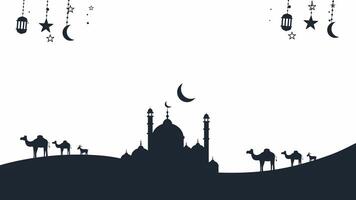 Silhouette mosque and camels under crescent night sky video