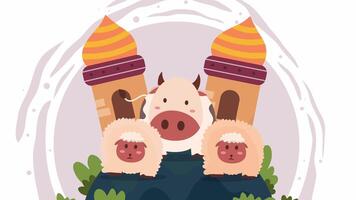 Cute animals celebrating in front of mosque domes video