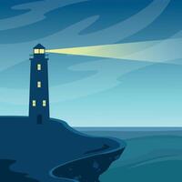 Night landscape of lighthouse with light on the edge of the shore. Architecture. Navigation tower. vector