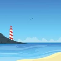 Landscape with a lighthouse on a rock in the ocean. Architecture. Coastline. Guiding lighthouse. vector
