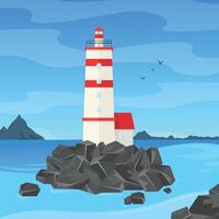 Landscape with a lighthouse and a house on rocks in the water. Coastal lighthouse. Navigation tower. vector