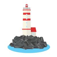 Lighthouse icon with a house on the rocks. Marine architecture. Navigation tower. vector