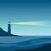 Night landscape with lighthouse on a rock and light. Lighthouse in the ocean. Guiding lighthouse. vector