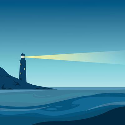 Night landscape with lighthouse on a rock and light. Lighthouse in the ocean. Guiding lighthouse.