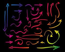 Set of different grunge brush arrows, hand drawn pointers, isolated on black background. Colorful gradient arrow brush Stroke style, object for design use, logos icon speed concept vector