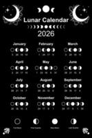 Moon calendar 2026 and Moon Phases. Lunar phases schedule and cycles, poster template design printable in black and white color, wiccan style illustration isolated on black background vector