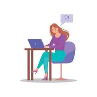 illustration of a beautiful girl sitting in an armchair at a desk and working with a laptop. Work at home or in the offic e. The girl is surprised and upset. Highlighted on a white background vector