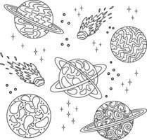 illustration of black and white planets and comets. The signs of galaxies with orbiting planets in the form of round illustrations on a white background. illustration. illu vector