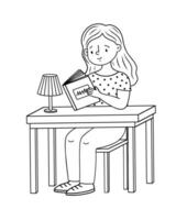 A pretty girl is reading a book at a table, taking notes.A quick-witted girl smiles while doing her homework, reads with pleasure while sitting at her desk. Front view, black outline, cute style. illustration vector