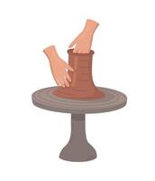Potter makes a clay pot on a potter is wheel, illustration.Manual production of a pot from clay material on a potter is wheel. Cartoon-style illustration for hobby pottery craft. illustr vector