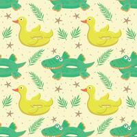 Seamless pattern with green inflatable crocodile and yellow duck. A float for the pool. Inflatable colorful crocodiles and a duck. A swimming circle. template for your summer design vector